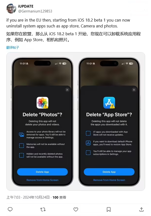 贵州苹果手机维修分享iOS 18.2 支持删除 App Store 应用商店 