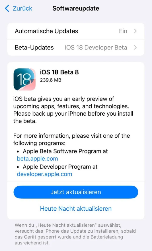 贵州苹果手机维修分享苹果 iOS / iPadOS 18 开发者预览版 Beta 8 发布 